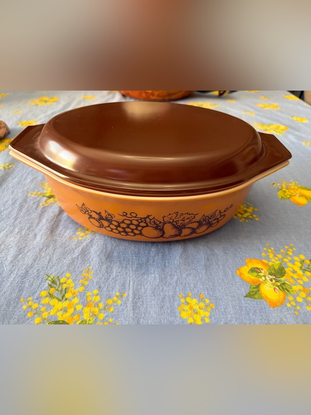 Pyrex Brown and Orange Vitrolite Casserole Dish with Fruit Pattern vintage